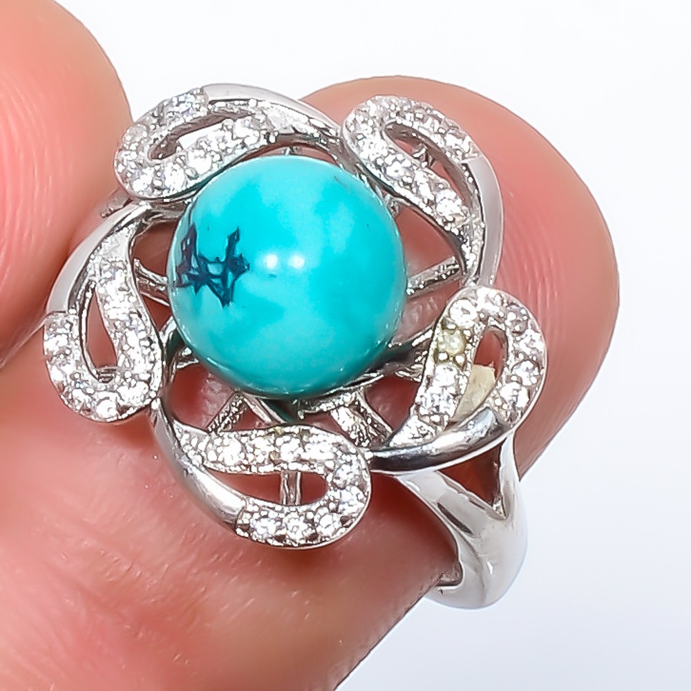 Larimar & White Cz Gemstone 925 Silver Plated Ring Adjustable (15)