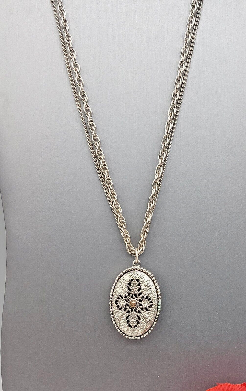 Beautiful Pendant Necklace Double Chain Silver Tone Oval Heavy Pendant 20″