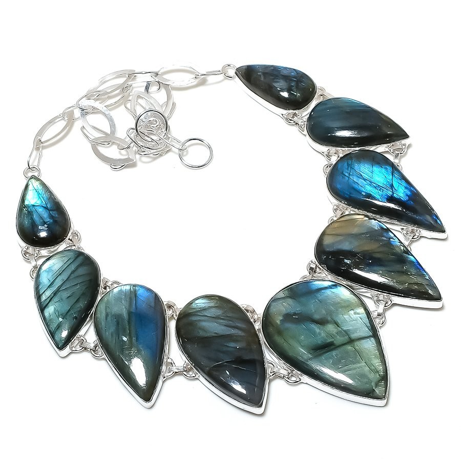 Blue Fire Labradorite Pear Shape Gemstone Necklace Handmade Jewelry 18″ DN 6769