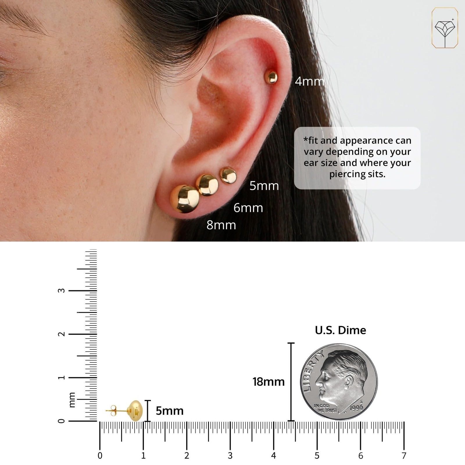 Solid 14k Yellow Gold Half Button Earrings with Gold Butterfly Back 4MM-8MM