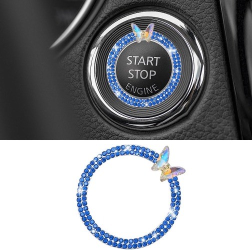 Bling Ring Emblem and Push Start Button Sticker, Ignition Knob Rin Color: Blue