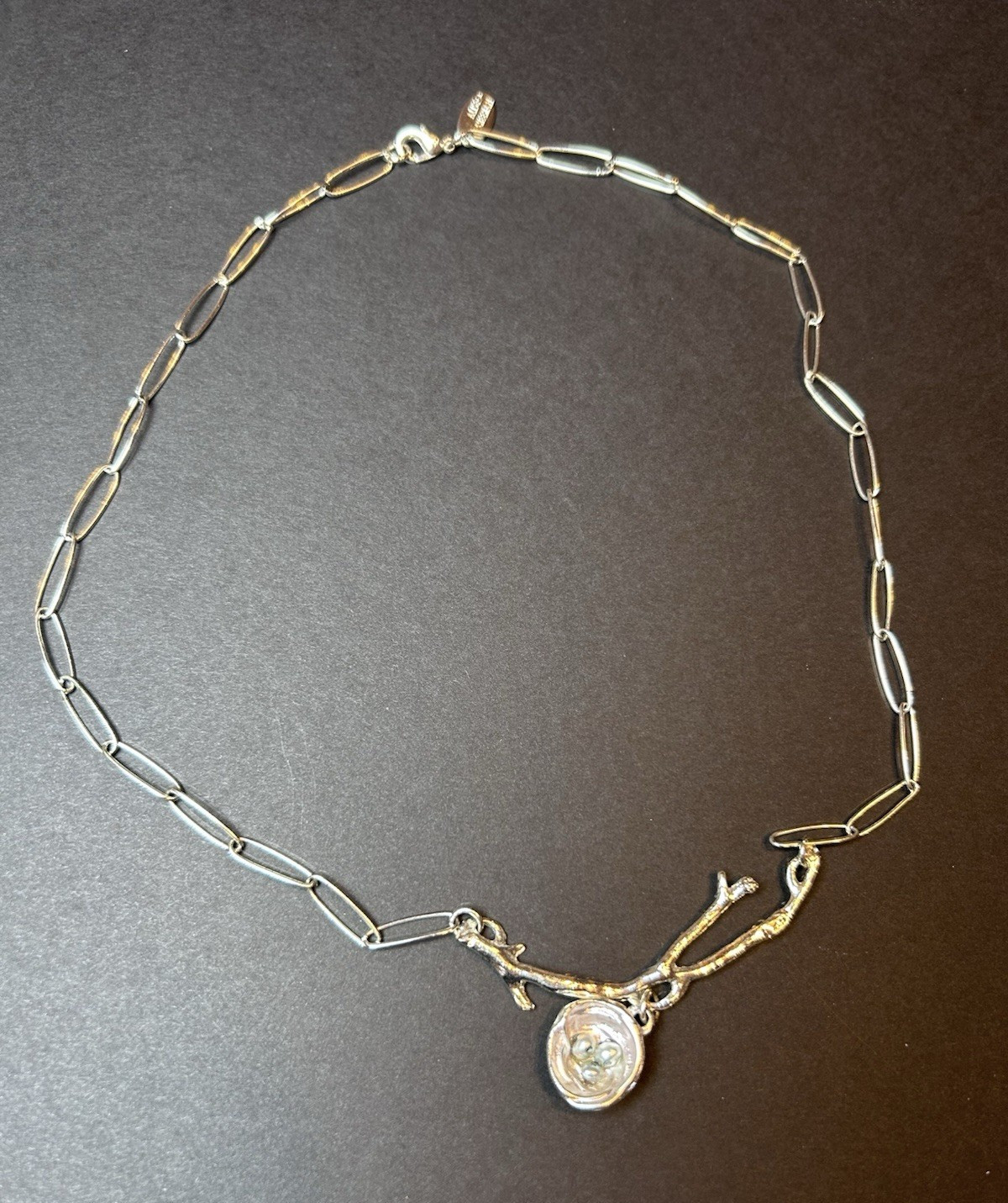 Alise Sheehan Signed Silver-look Paperclip Chain Necklace Bird Nest Pendant