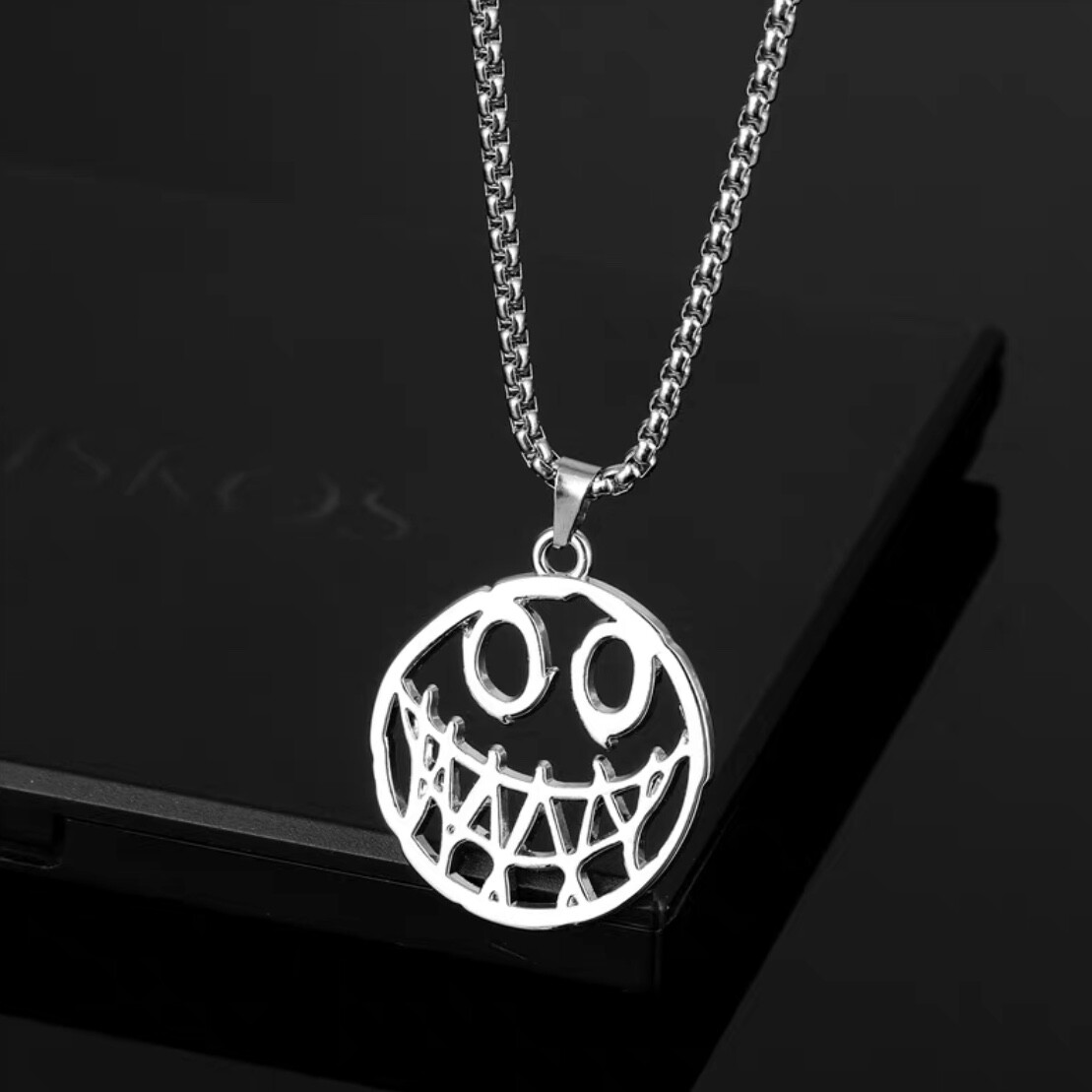 Mens Womens Silver Evil Smile Face Pendant Necklace Punk Gothic Jewelry 24″