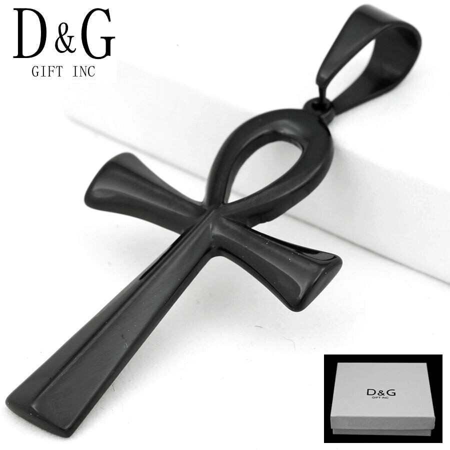 DG Men’s Stainless Steel Black Ankh CROSS 78mm Pendant Ion Plated*BOX