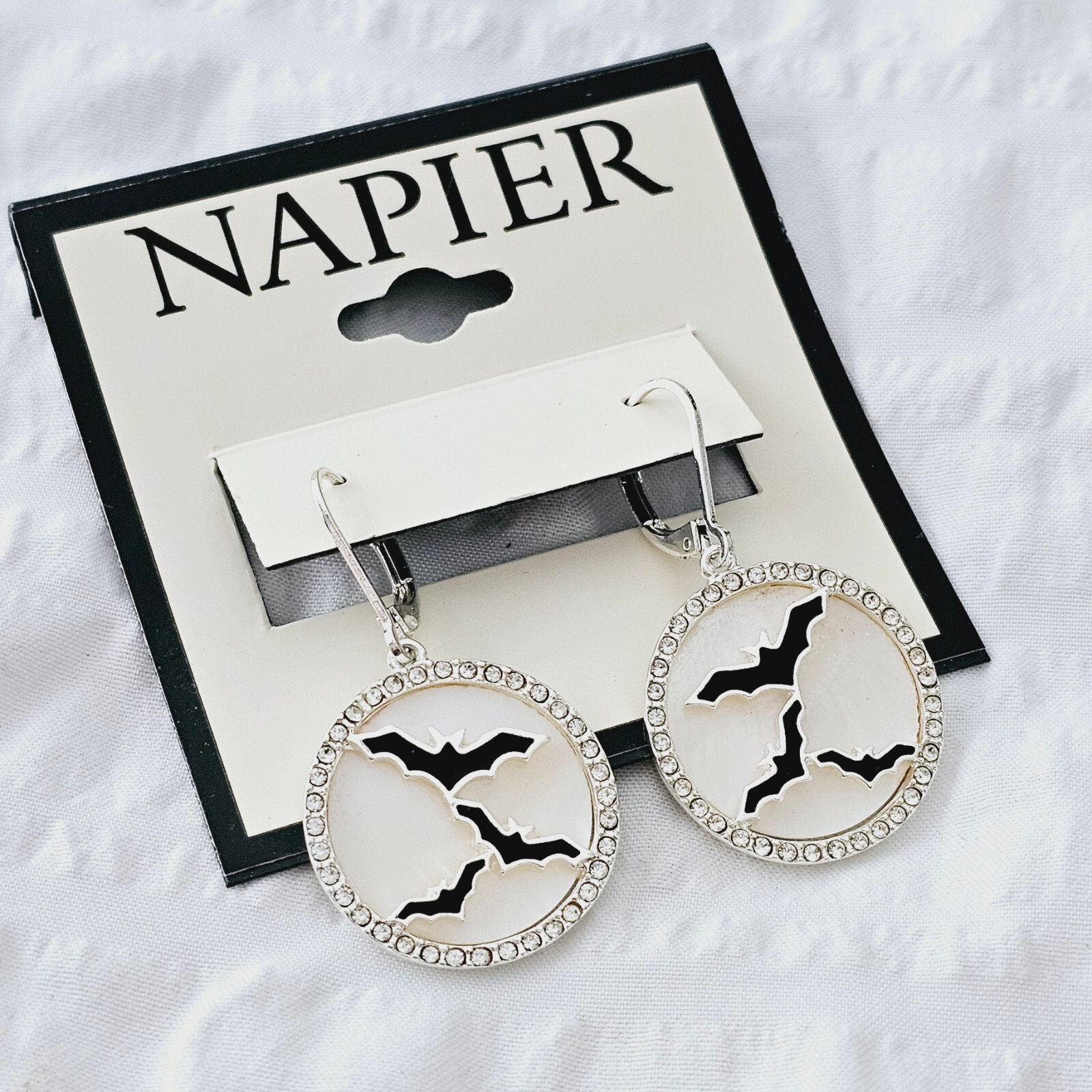 Napier Silver Tone Full Moon Flying Bat Halloween Pave Leverback Earrings NEW