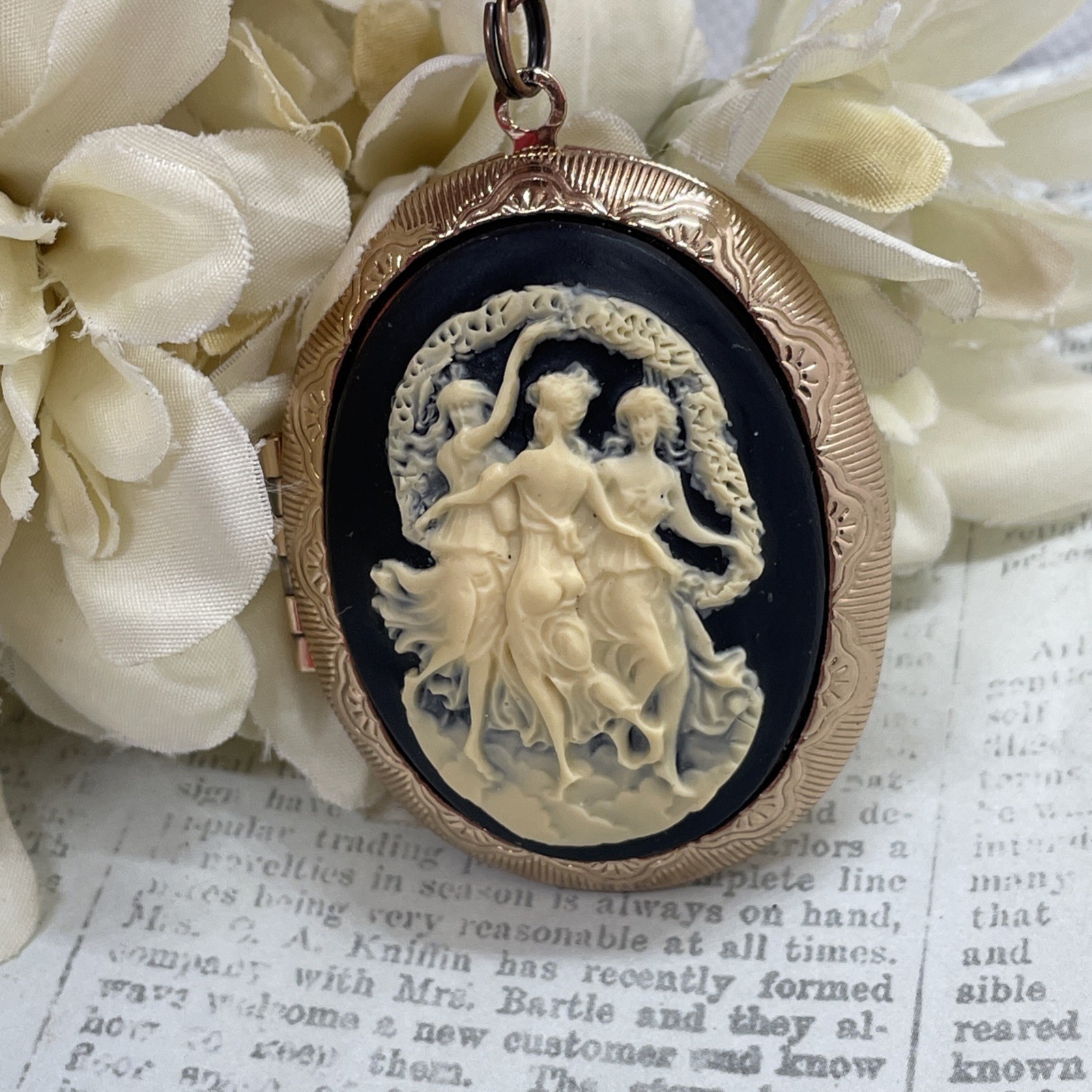 Rose Gold Photo Locket Necklace Birthday Gift 3 Graces Muse Muses Dancer Cameo