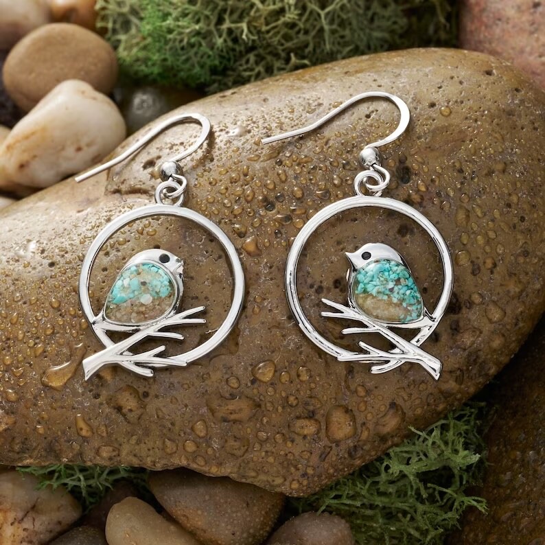 Beautiful Unique Bird Branch Earrings, Turquoise Sand Inlaid