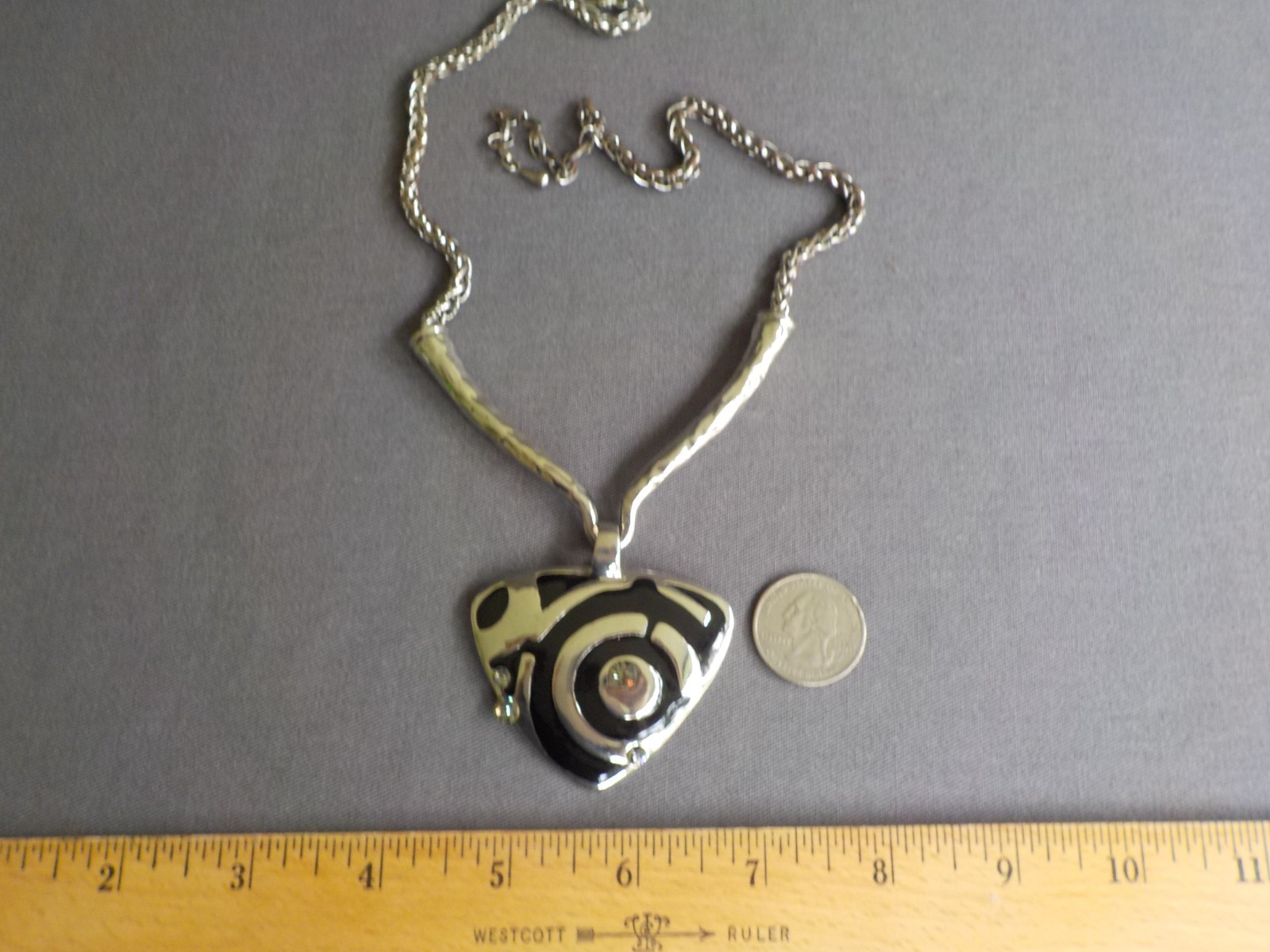 Triangle Necklace Clear Plastic Rhinestone Black Enamel Silver Tone Metal