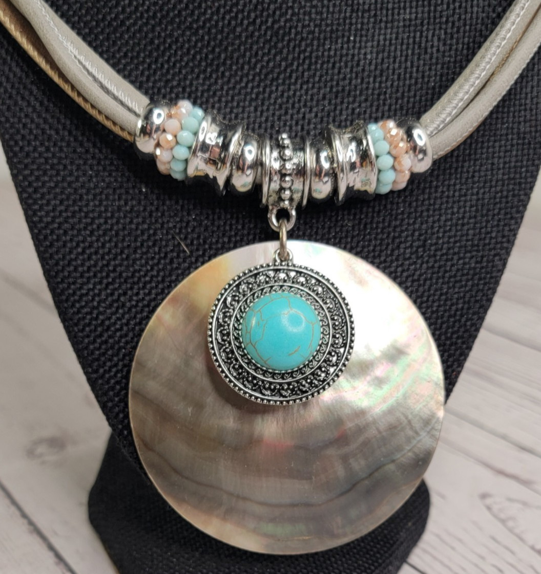 3-Strand Mother of Pearl & Faux Turquoise Leather Necklace 21in Adjustable