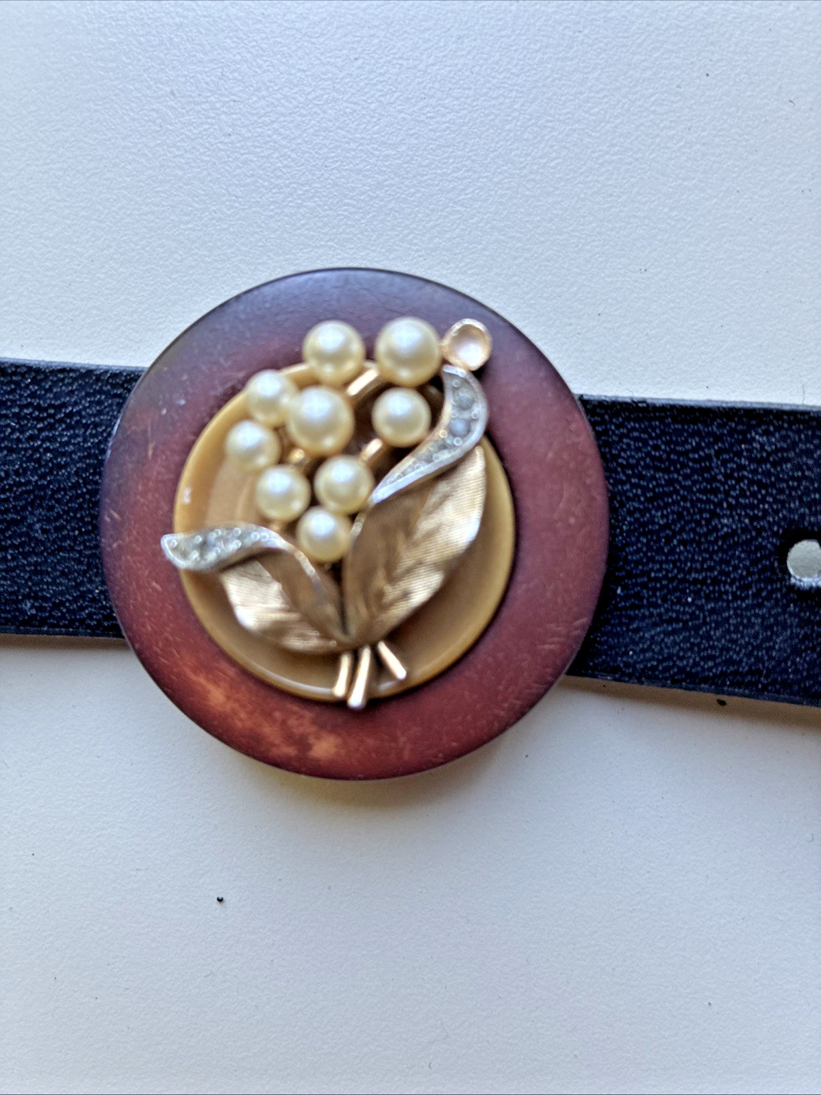 Handcrafted Leather Cuff Bracelet, Snap Closure – upcycled, gold floral pin