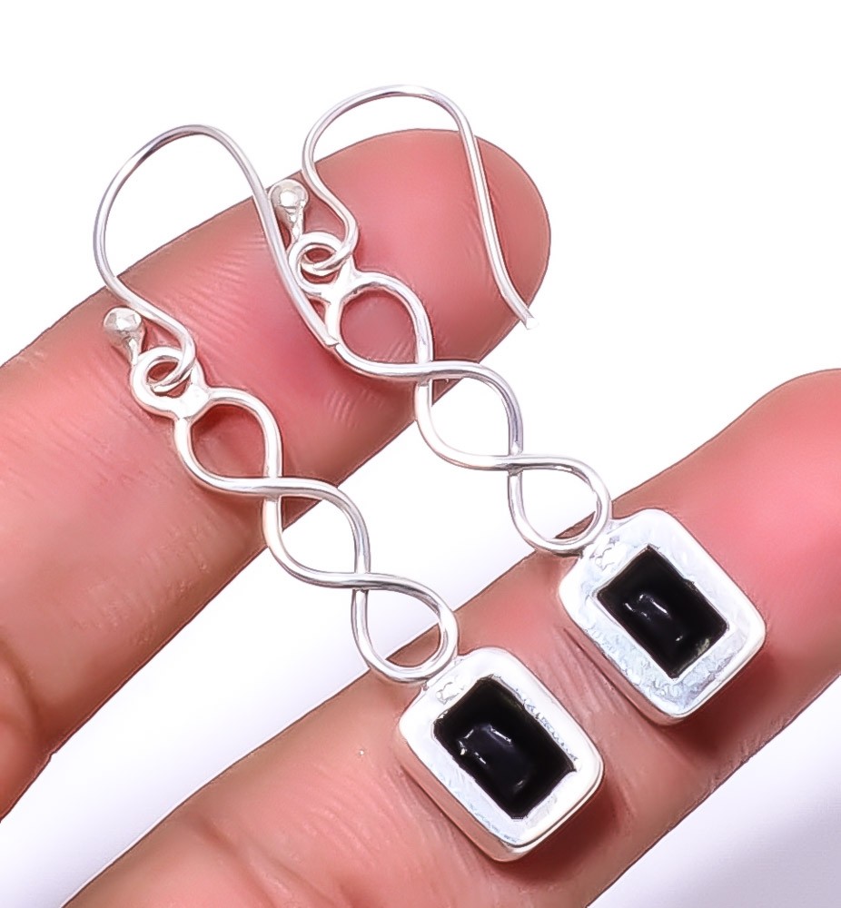 Black Onyx Gemstone 925 Silver Plated Spiral Earring 1.79″ T12