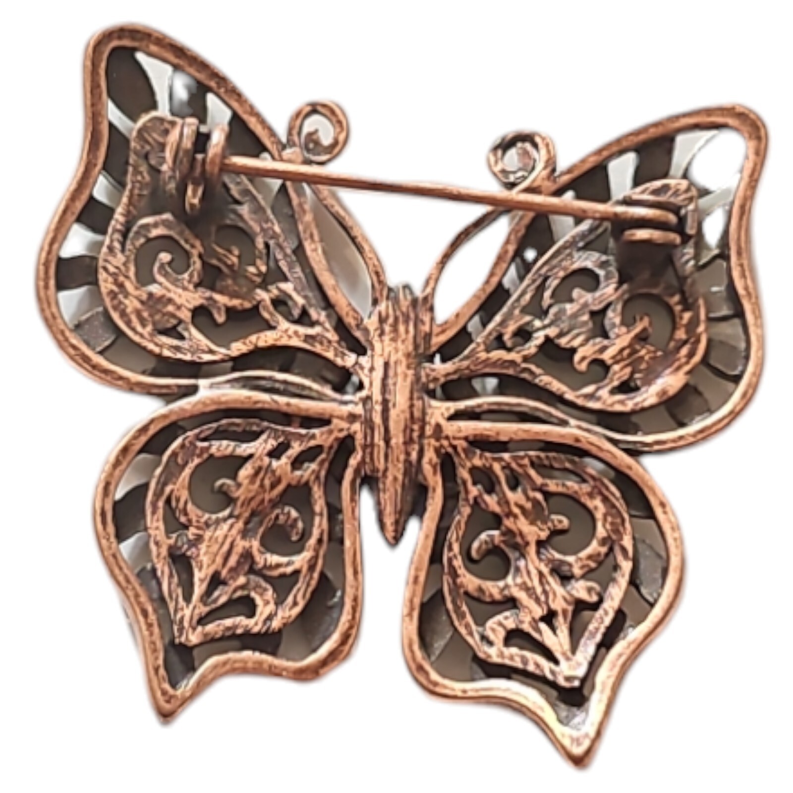 Vintage Copper Butterfly Blue Green Crystals Enameled Brooch