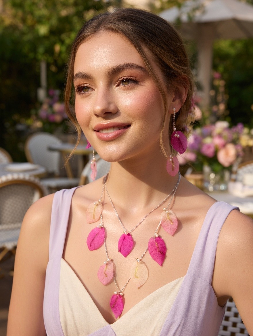 Real Bougainvillea Pink Leaf Necklace Earrings Set Handmade Resin Jewelry Gift