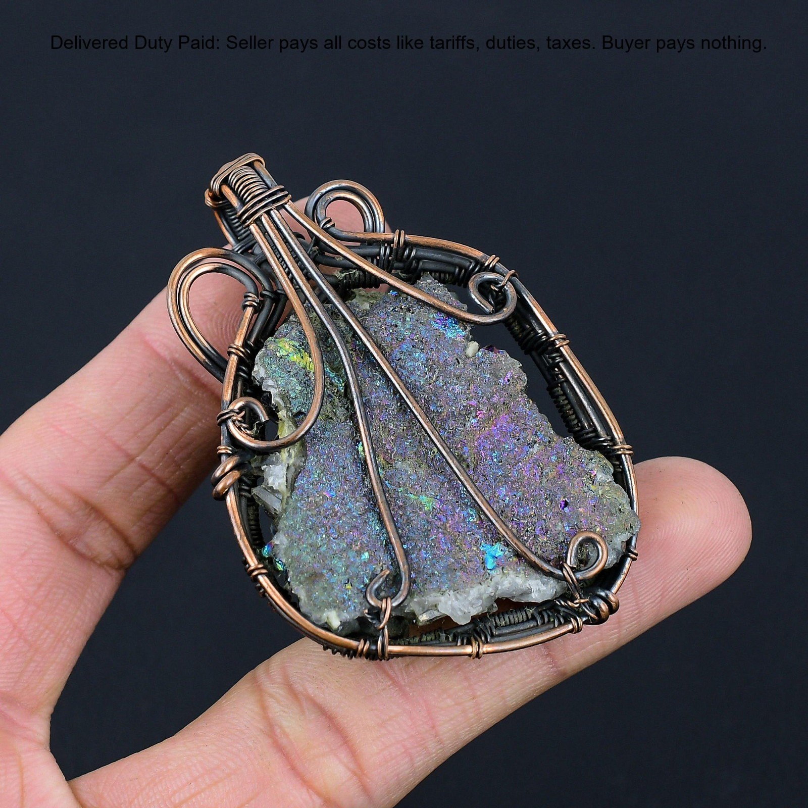 Valentines Deal Copper Pentagon Titanium Druzy Stone Unique Wire Wrapped Pendant