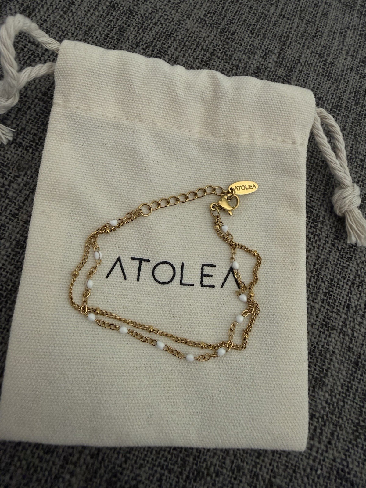 ATOLEA Gold Tone Double Layer White Beaded Cable Chain Bracelet Lobster