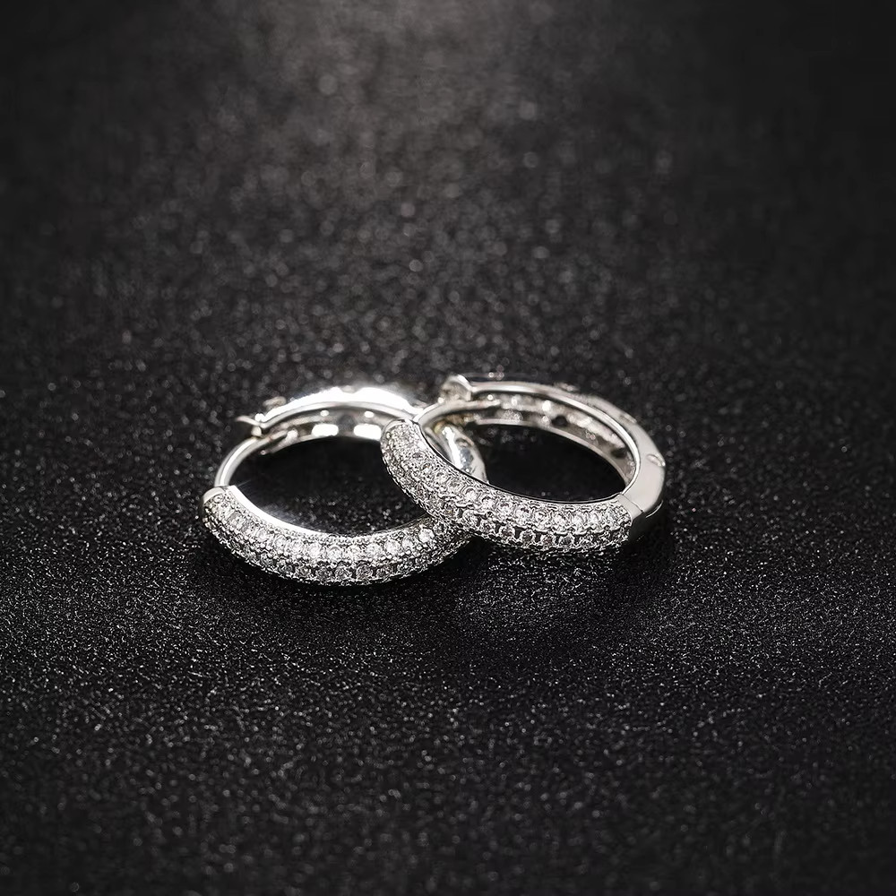 PAIR Elegant Paved Full Imitated Moissanite Circle Silver Plated CZ Hoop Earring