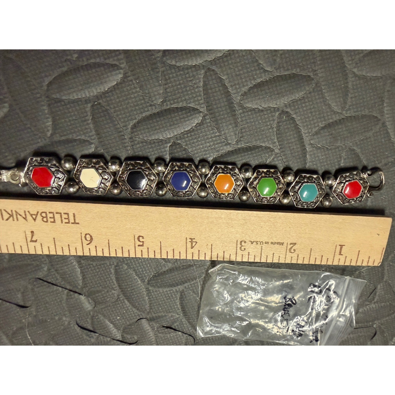 Premier Designs Link Bracelet Enamel Hexagon Silver Stone Engraved Jewelry Gift