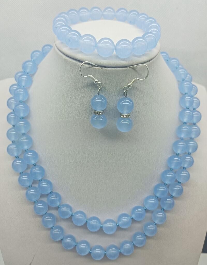 Modern 10mm Blue Jade Round Gem Beads Necklace Bracelet Earrings 36/7.5″Set Gift