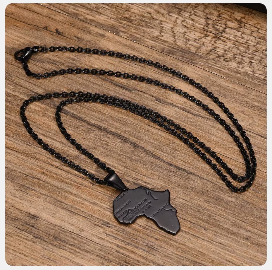 Black Africa Map Pendant Necklace, Capital Cities Stainless Steel Jewelry