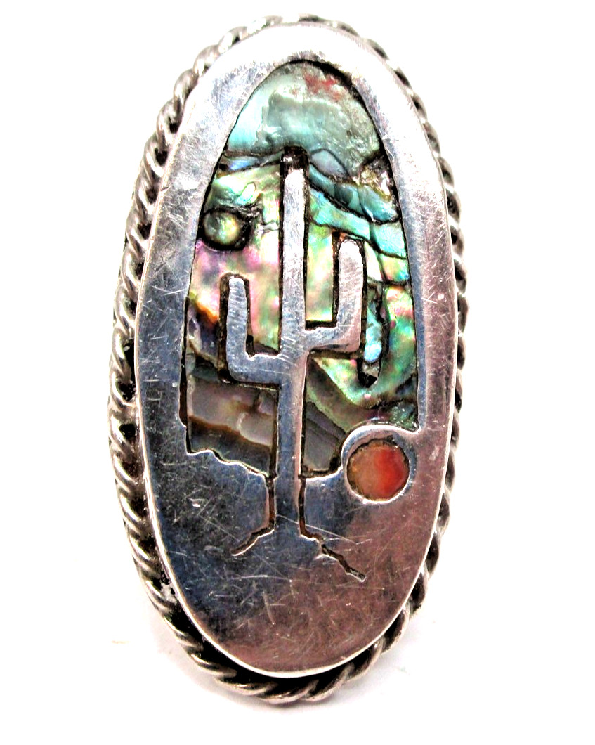 1970 Vintage Sterling Silver Hopi Zuni Inlaid Abalone Sunset Cactus Ring