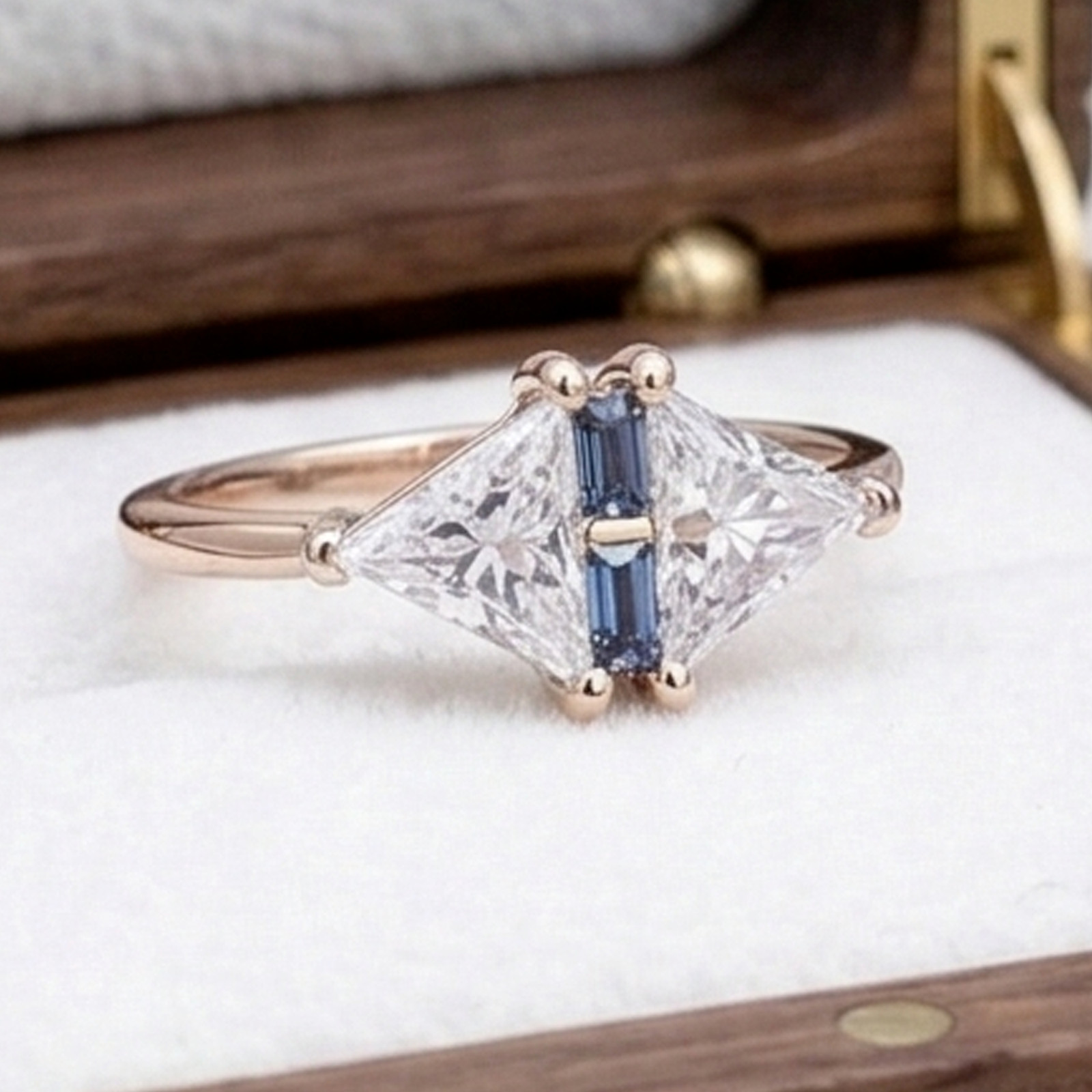 925 Sterling Silver Trillion Cut Moissanite & Baguette Sapphire Handmade Ring