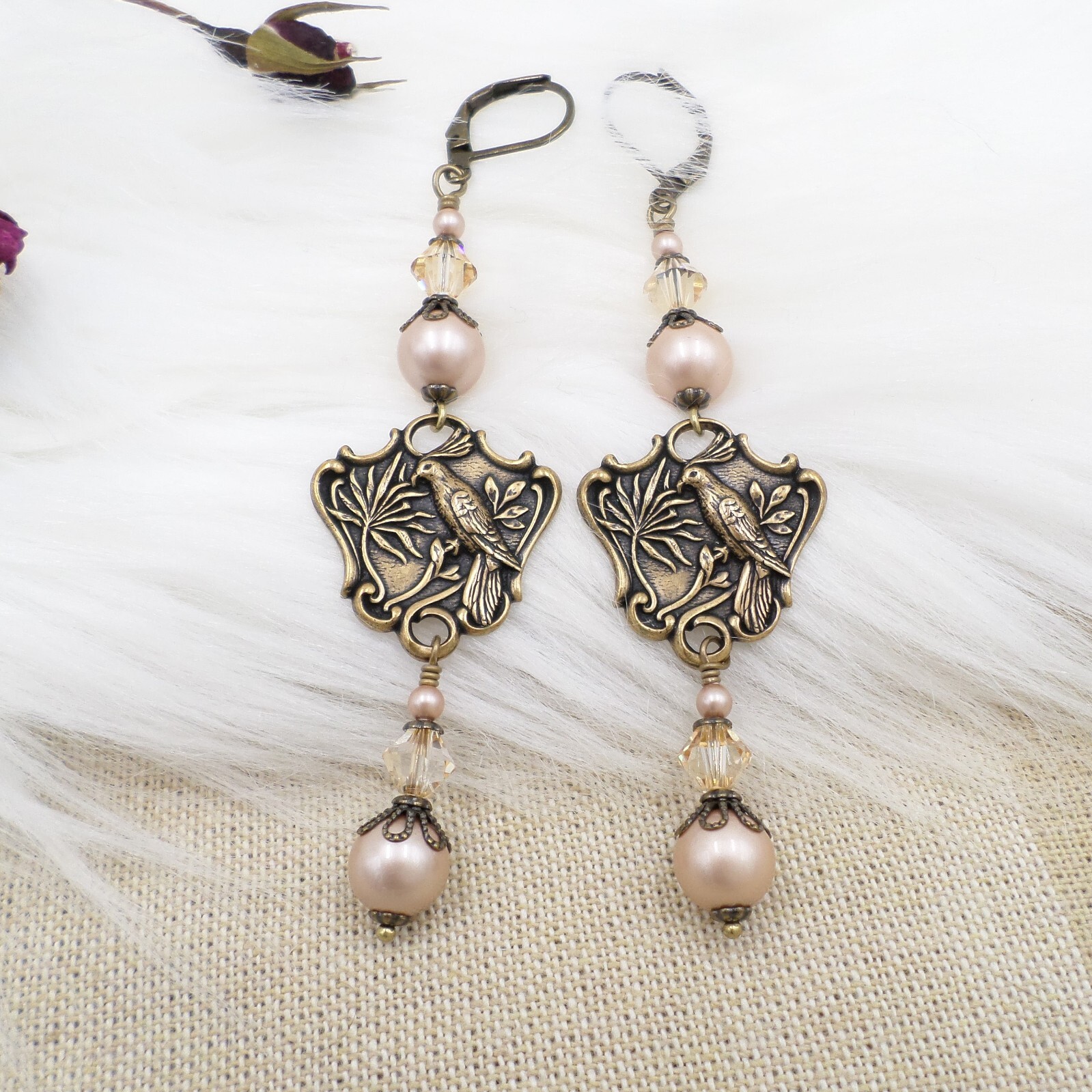 Antiqued Brass Bird Dangle Earrings, Handmade Pearl and Crystal Animal Jewelry