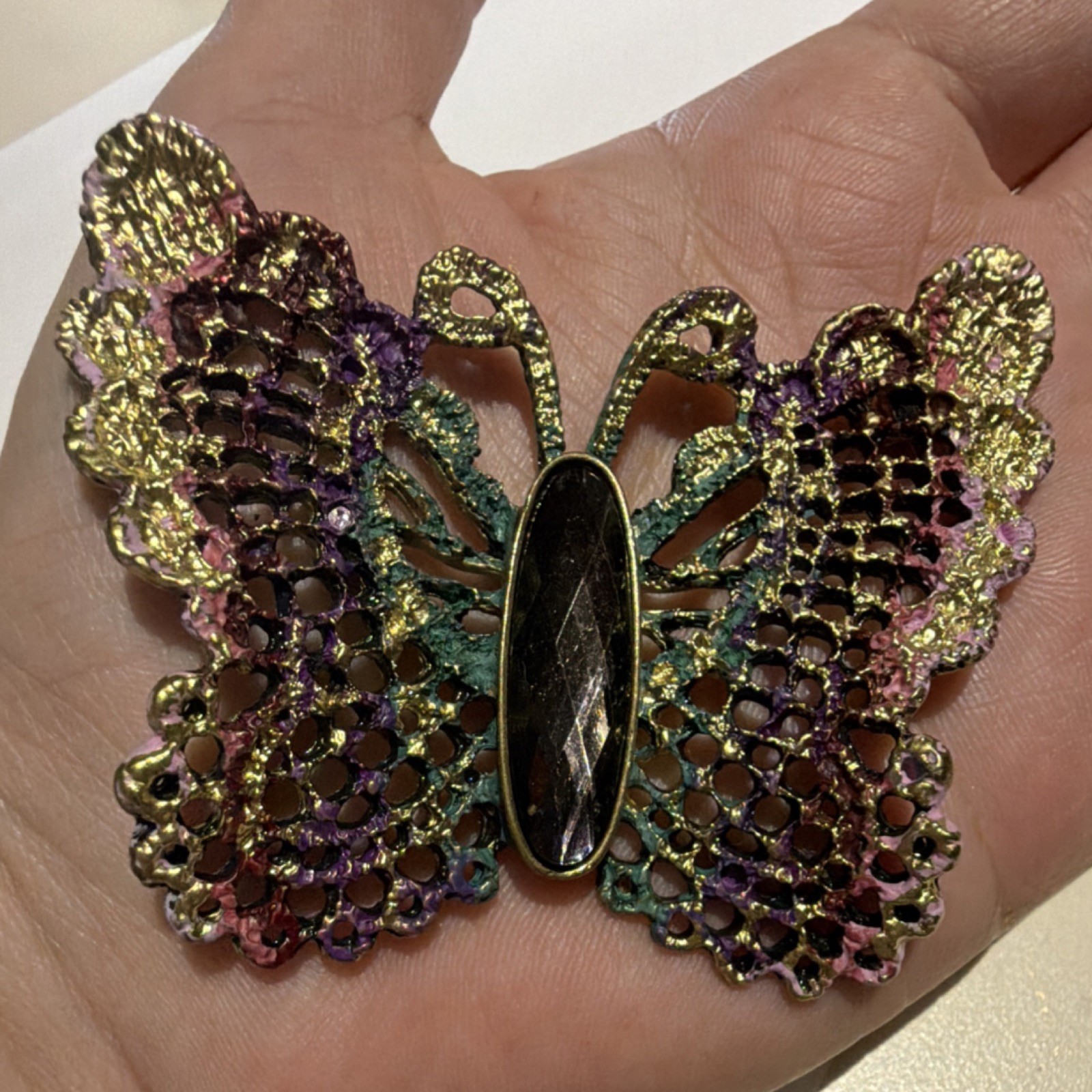 Gold Tone Butterfly Brooch Pin Metal Multicolor Accents Black Marquise 2.4 in