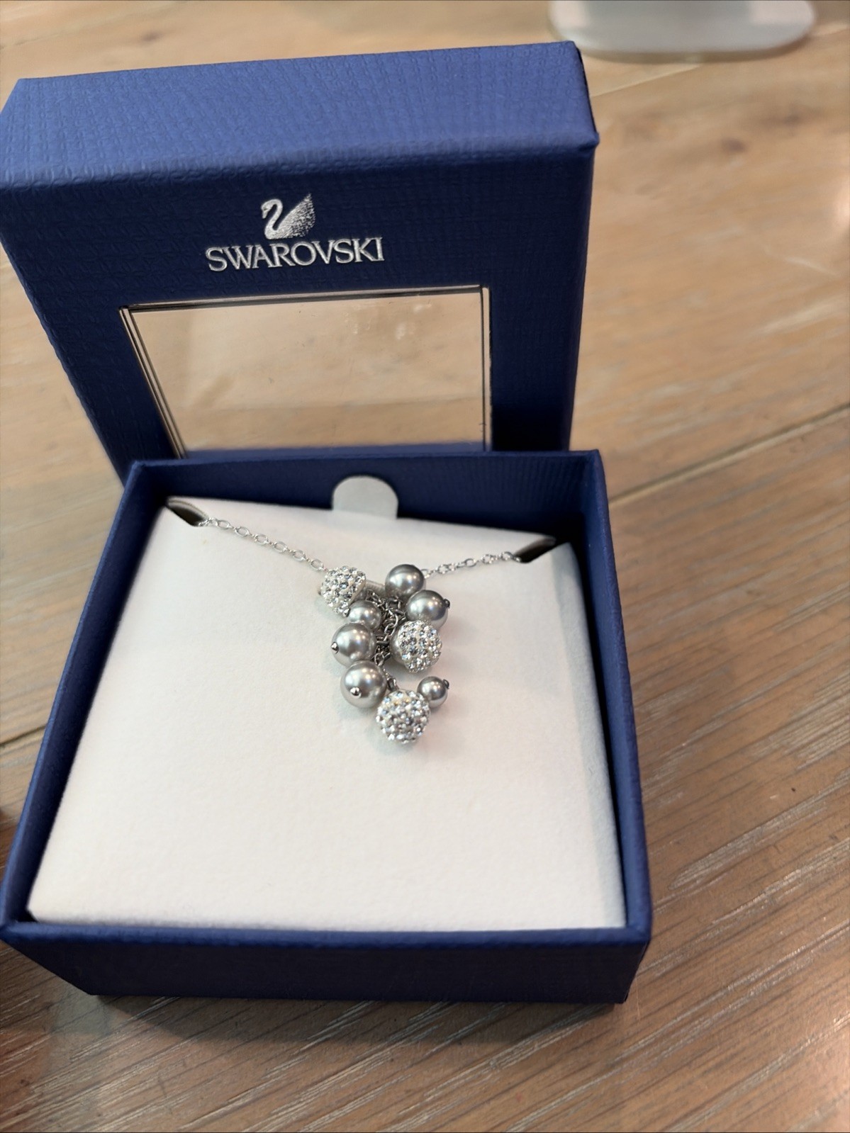 Authentic Swarovski Pave Crystal & Gray Pearl Cluster Pendant Necklace NIB $95