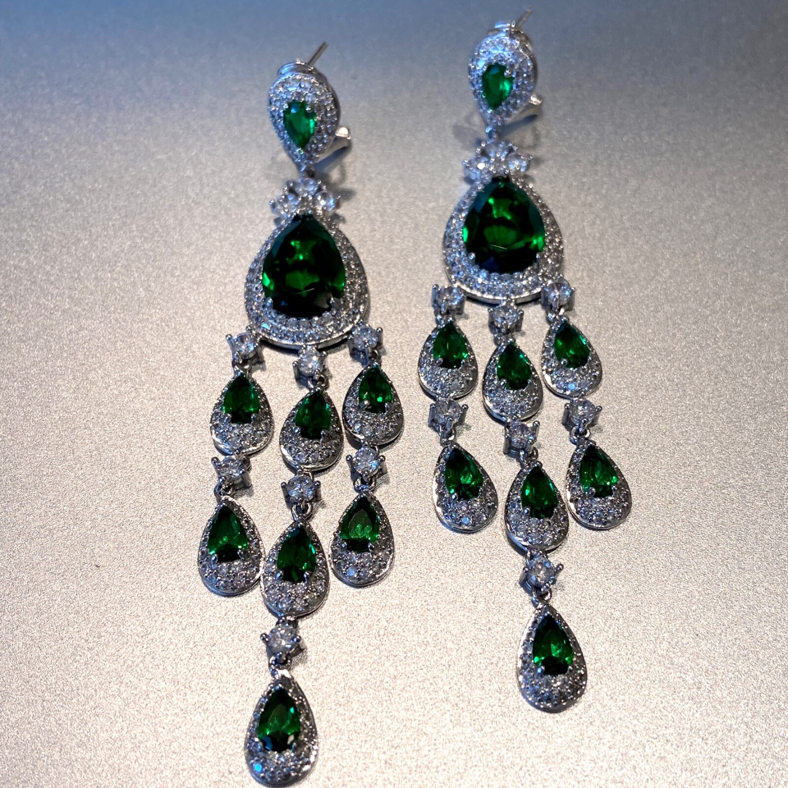 18k Platinum Plated Lab-Created Green Emerald & Diamond Long Chandelier Earrings