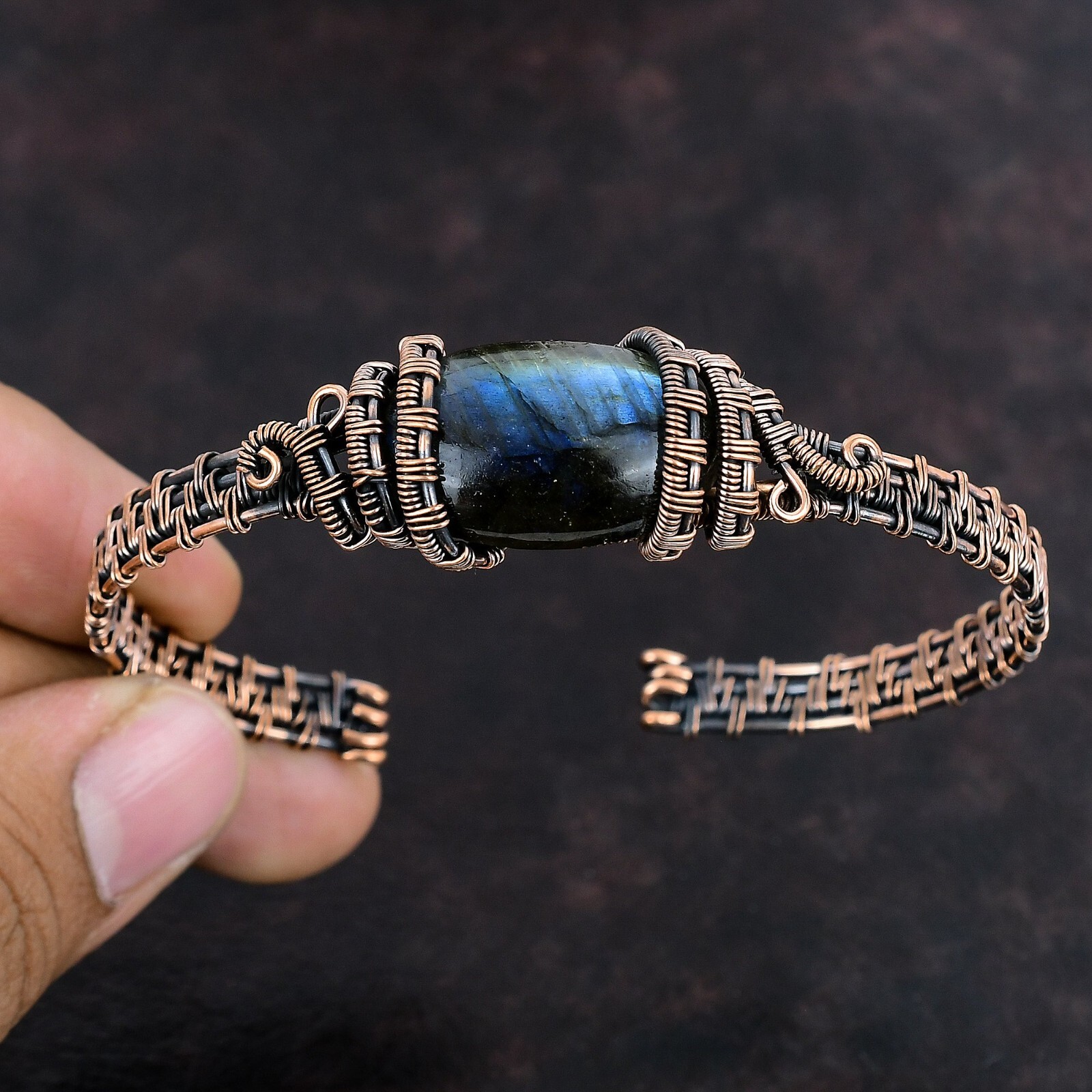 Gift For Her Natural Labradorite Bangle Wire Wrapped Adjustable Unknown Copper