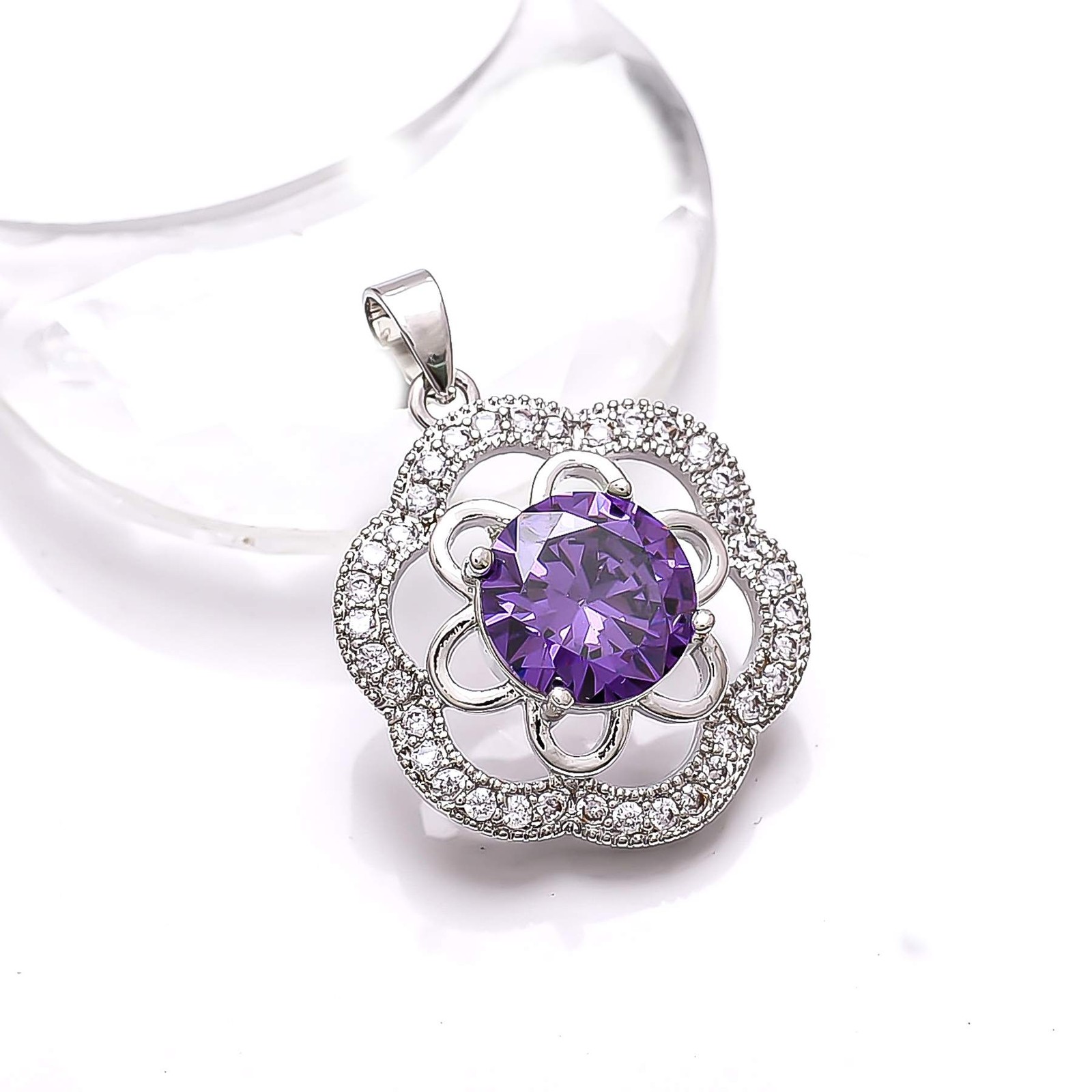 Purple Amethyst & CZ Gemstone 925 Sterling Silver Flower Pendant 1.20″ P78812