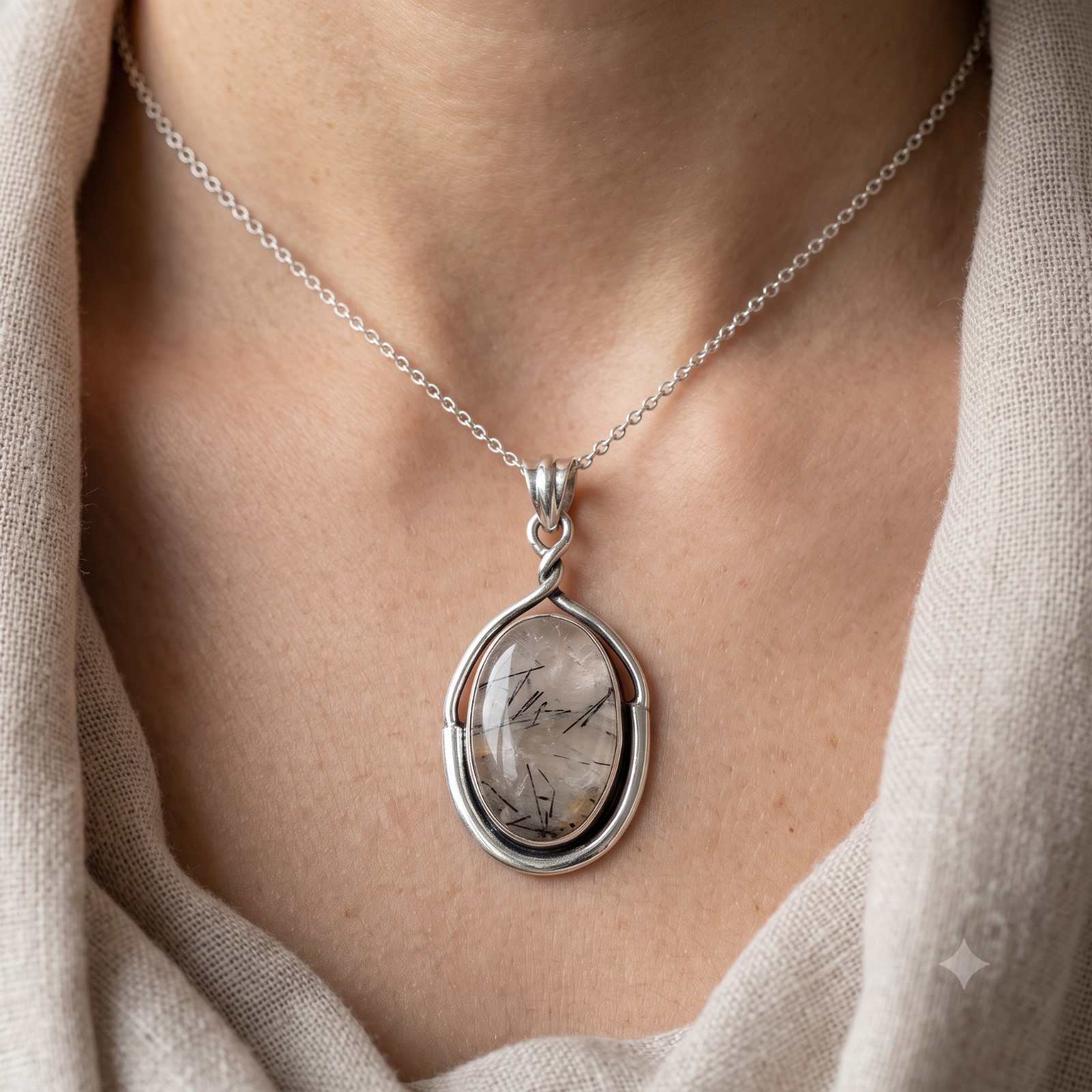 Sterling Silver Rutilated Quartz Channel Set Mother Wedding Boho Pendant Jewelry