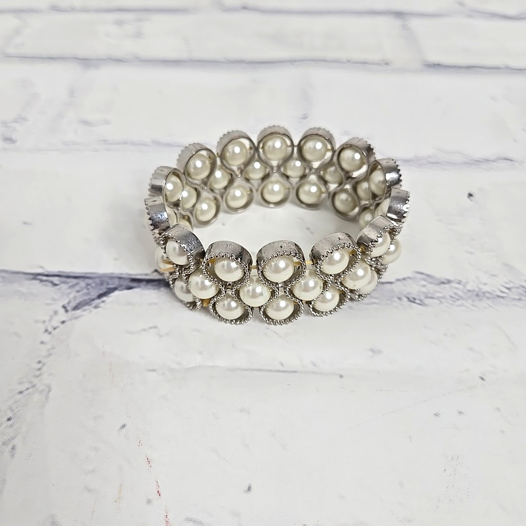 Faux Pearl Bracelet Silver 3 Strand Stretchy Wedding Formal Casual Jewelry New
