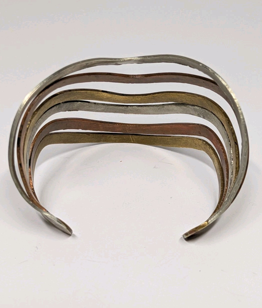 Vintage Modernist Mixed Metal Cuff Bracelet Brass Copper Silver Tone Open Bangle
