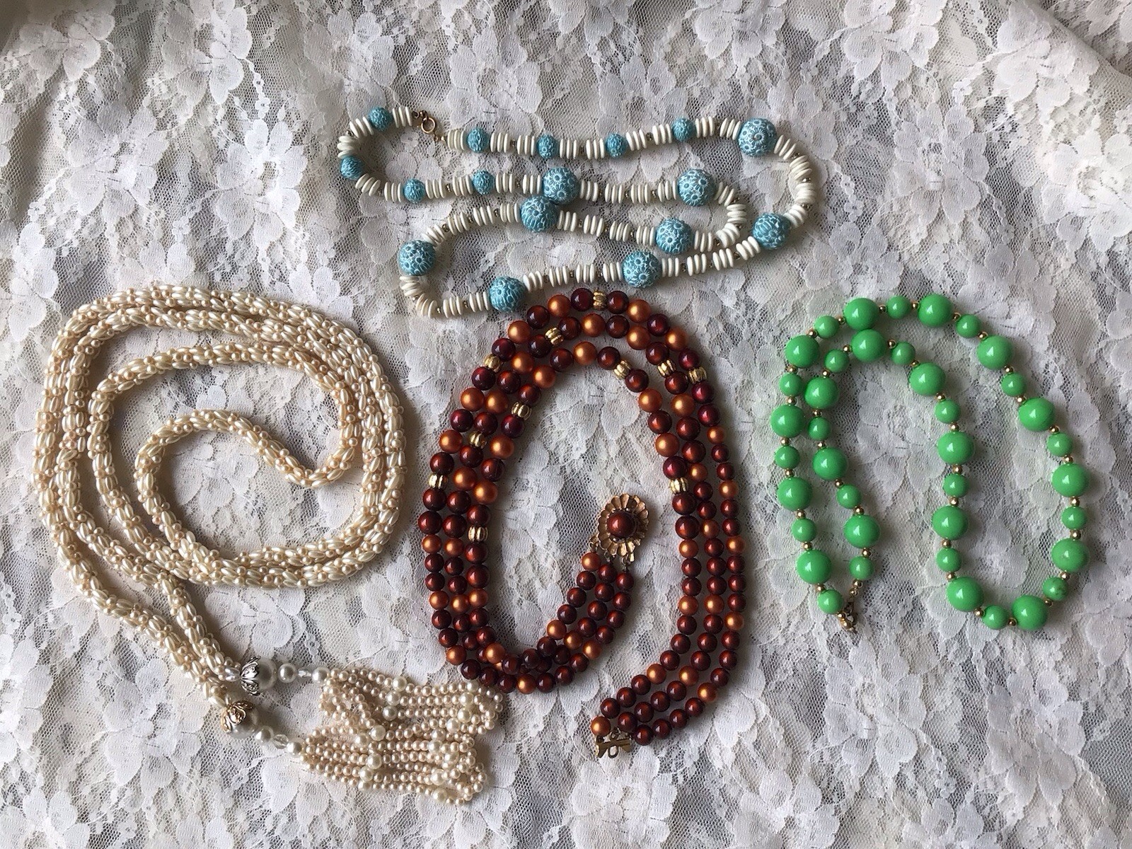 Lot Of Four Plastic Beaded Costume Jewelry Necklaces