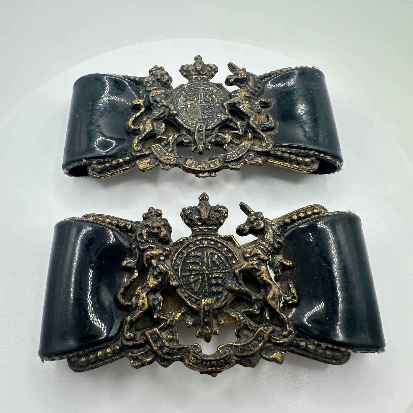 Set of 2 vintage British Military General heraldic patent leather bows buckles