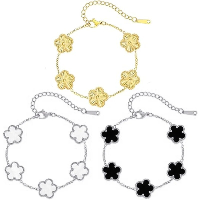 14K Gold Plated Five-leaf Clover Link Bracelets White BlackBlue Gold Red Green