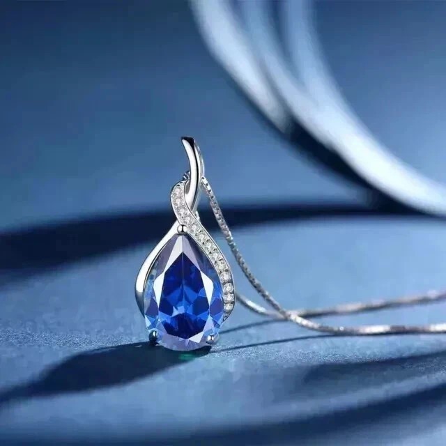 2Ct Pear Cut Simulated Blue Sapphire Women’s Drop Pendant 14K White Gold Plated