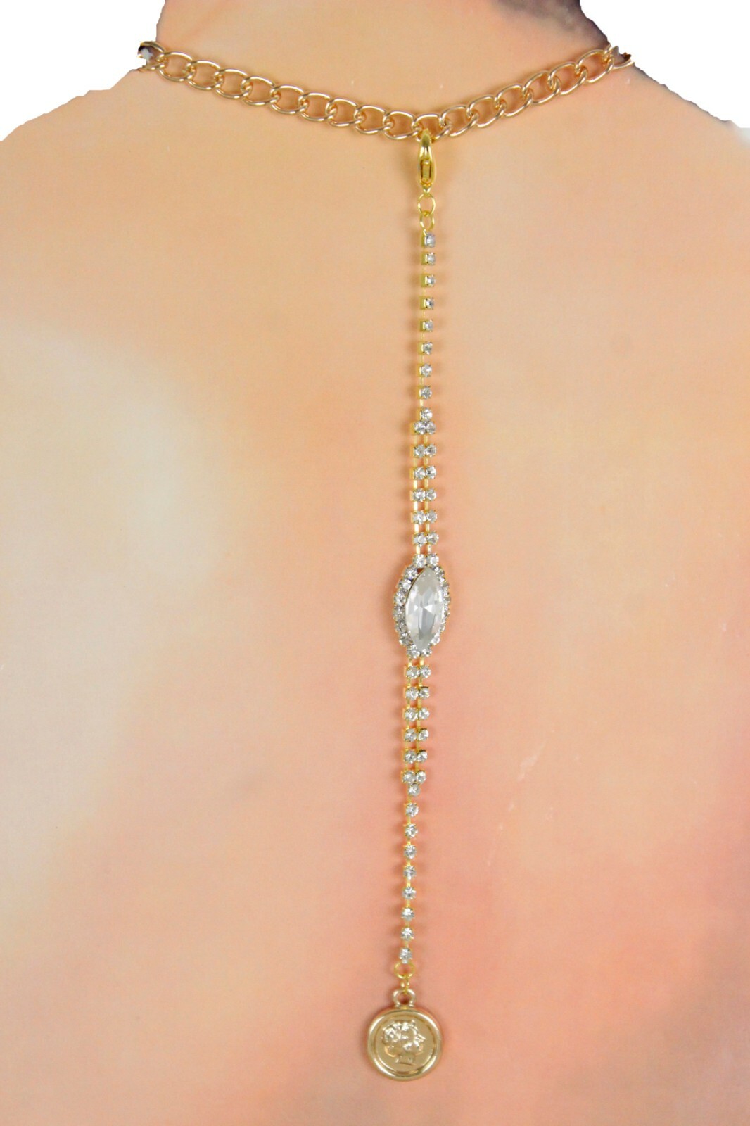 Women Open Back Dressy Long Necklace Pendant Gold Metal Chain Links Coin Charm