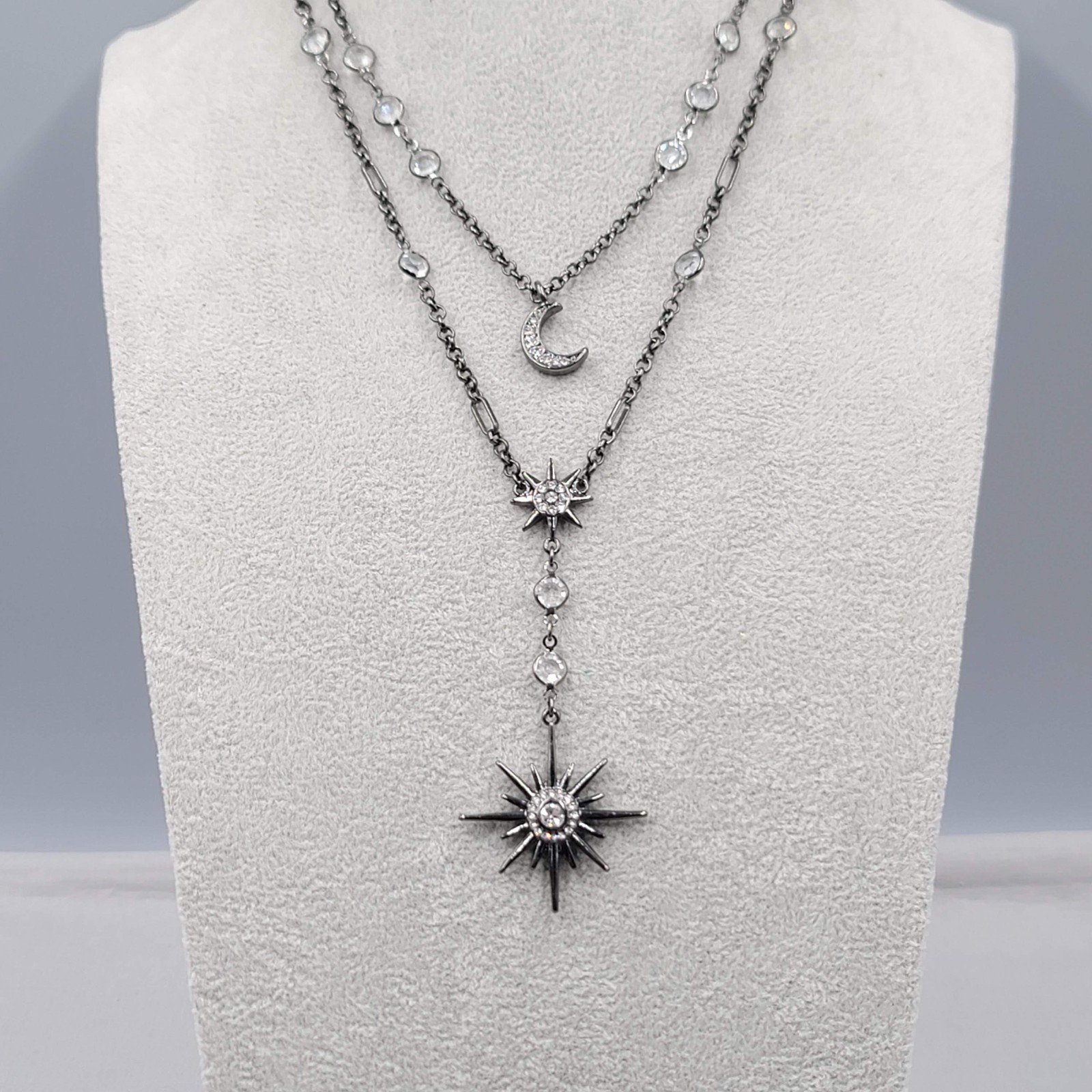 WHBM Celestial Layered Y Drop Necklace Gunmetal Gray 20″+