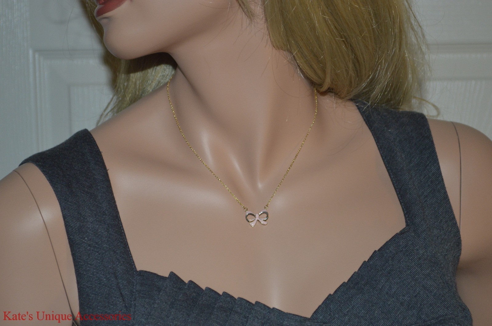 Lovely Gold Tone Chain & Pink Bow Tie Pendant Necklace Great Gift Idea For HER