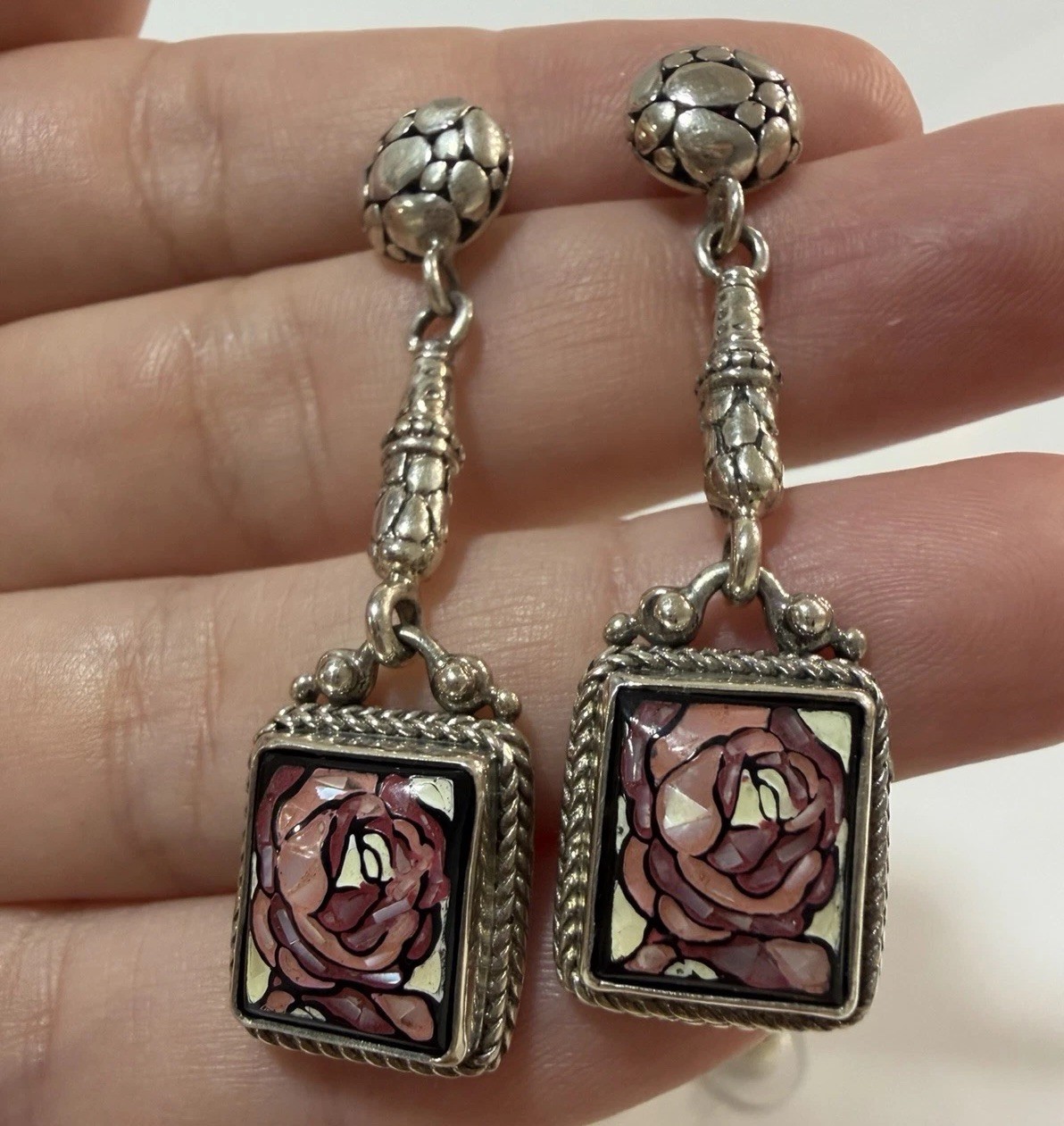 SARDA 925 Sterling Silver Pink Mother of Pearl Mosaic Rose Dangle Earrings