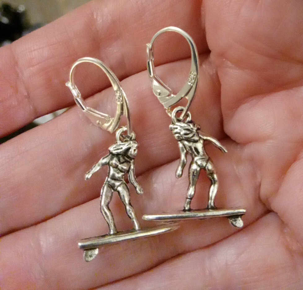 925 Sterling Silver Filled Surfer Bikini Girl Surf Board Charm Lever Earrings