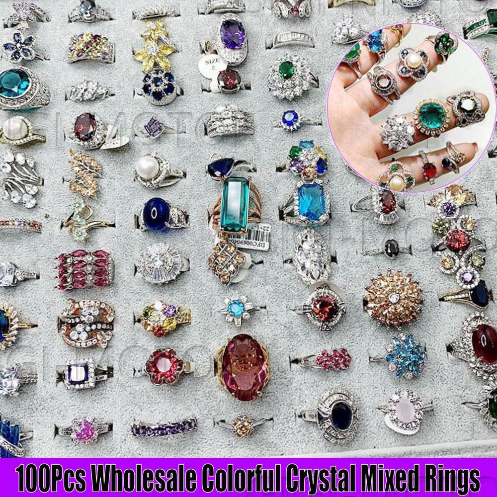 100Pcs Wholesale Colorful Crystal Mixed Rings Bulk Finger Band Ring Jewelry Lot