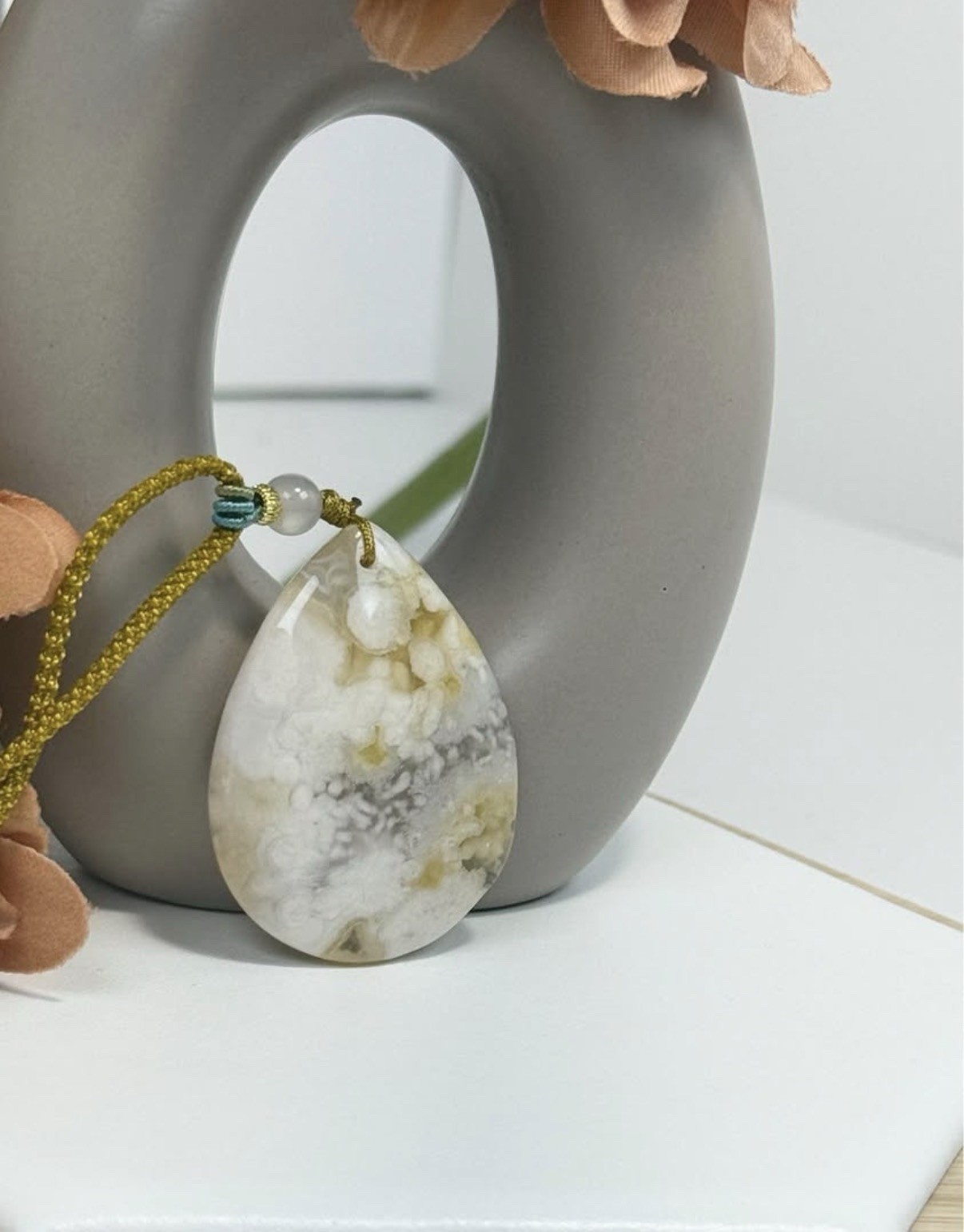 Flower Agate Yellow Pendant Necklace 43.8/8.1MM on Adjustable Nylon