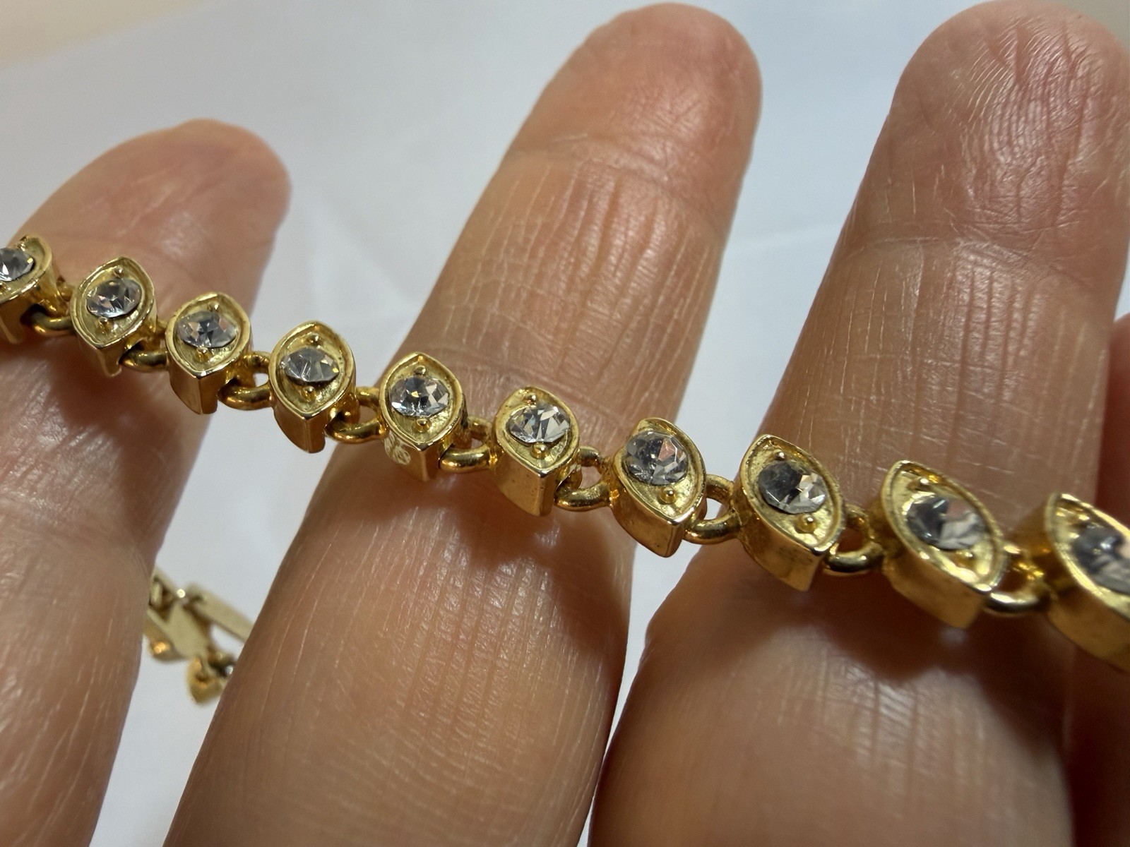 Gold Tone Crystal Tennis Necklace Marquise Link Box Clasp 18”