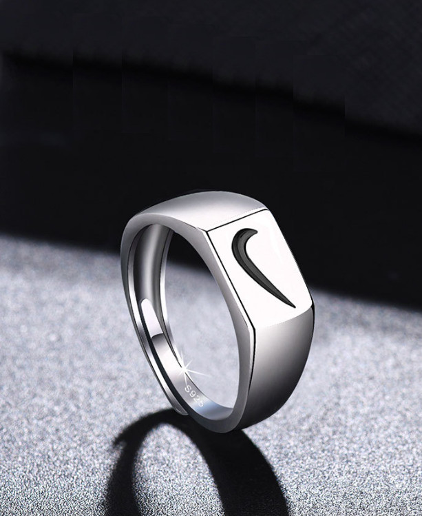 Silver Titanium Unisex Black Hook Nike Symbol Right Marked Adjustable Ring