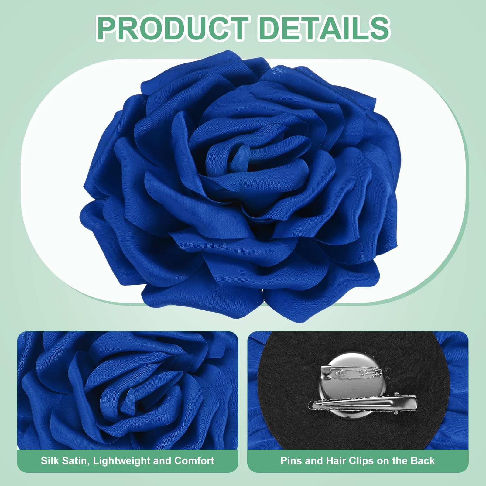 New Dainty Satin Fabric Large Rose Flower Brooches Pin for Women [16cm, Blue]