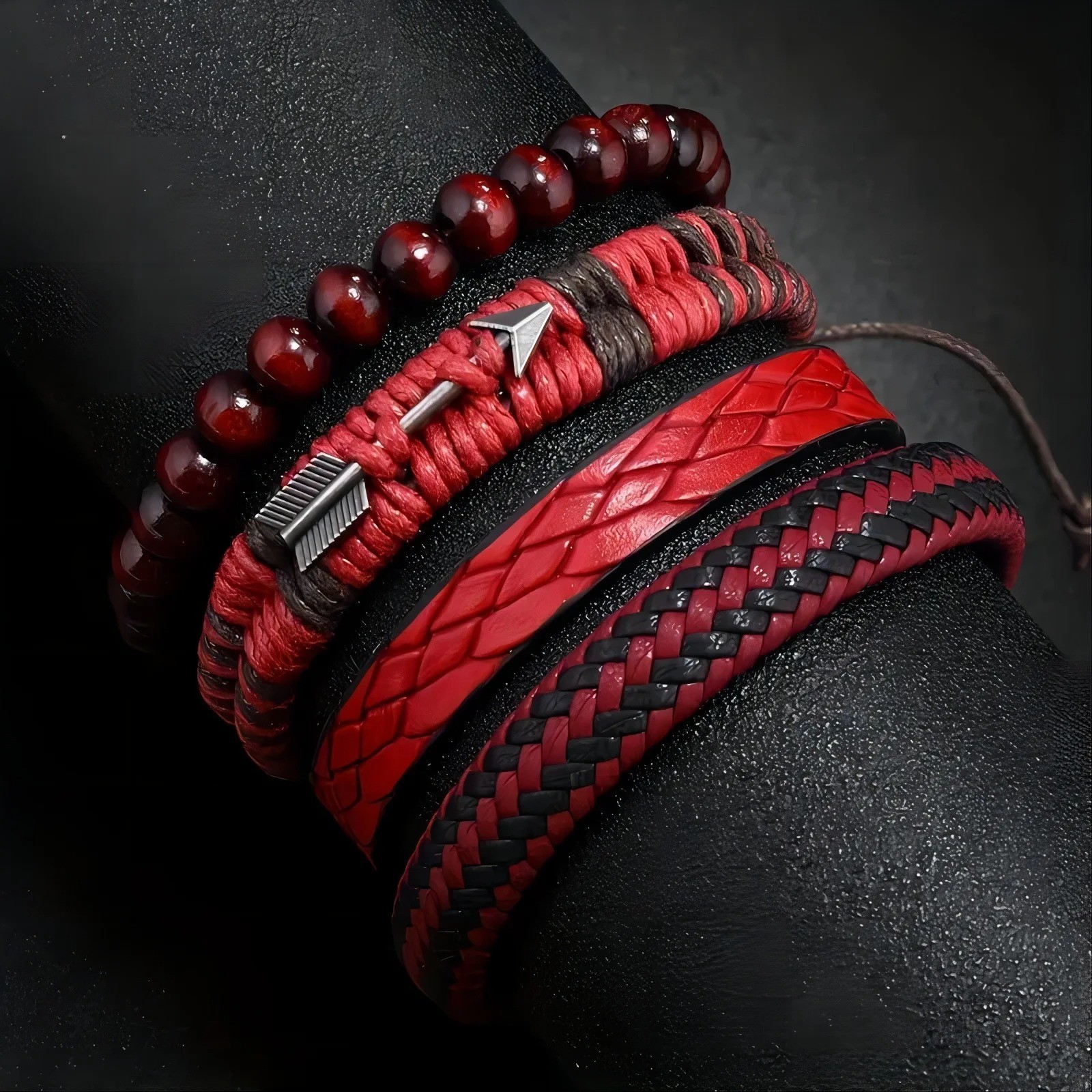 Men Vintage Leather Bracelet Cupid Arrow Wood Bead Hand Woven Retro Fashion