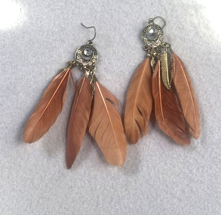 Womens Brown Feather Earrings with Stones Jewelry